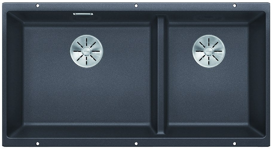 Blanco SUBLINE kitchen double sink 480/320 U in InFino Silgranit gray stone – left basin, without pull‑out