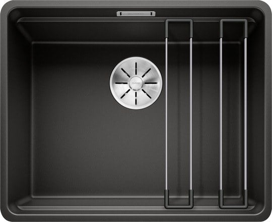 Kitchen single-basin sink Blanco ETAGON 500-F InFino Silgranit black without offset with slides.