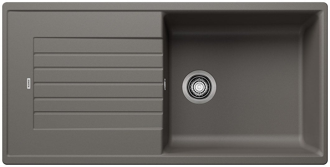 Granite single‑basin sink Blanco with ZIA XL 6 S drain, model 527400, in gray volcano