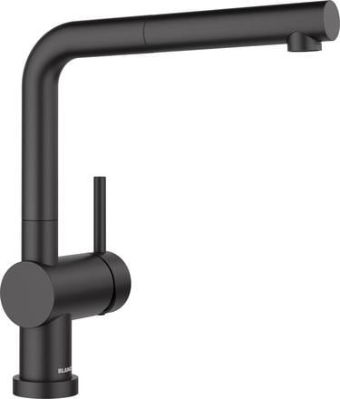 Blanco LINUS-S-F kitchen tap in matte black, suitable for installation in front of a window.