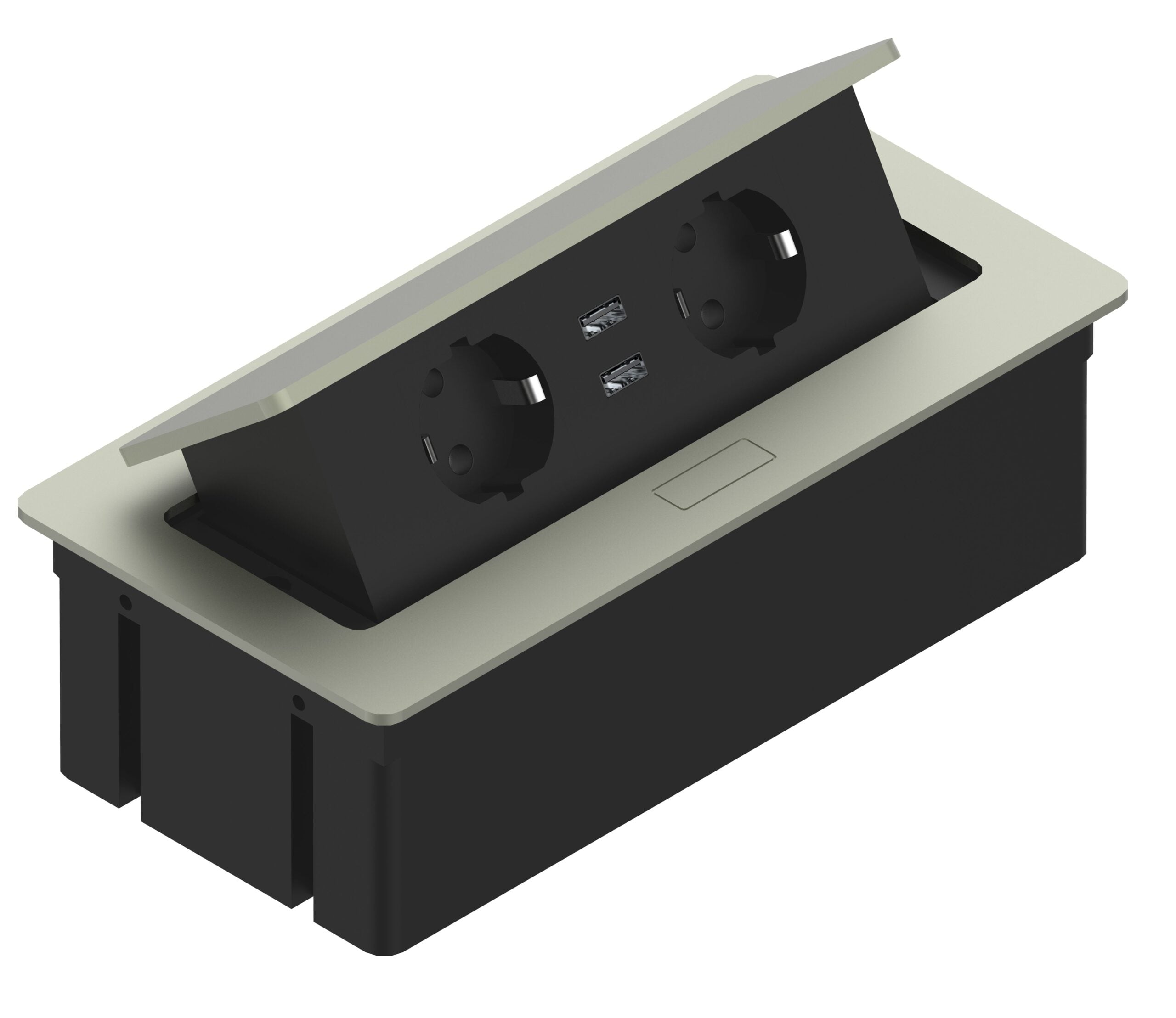 Built-in, flip socket, 2x socket + 2x USB + cable, SILVER, BOTTOM MOUNTING NOT POSSIBLE