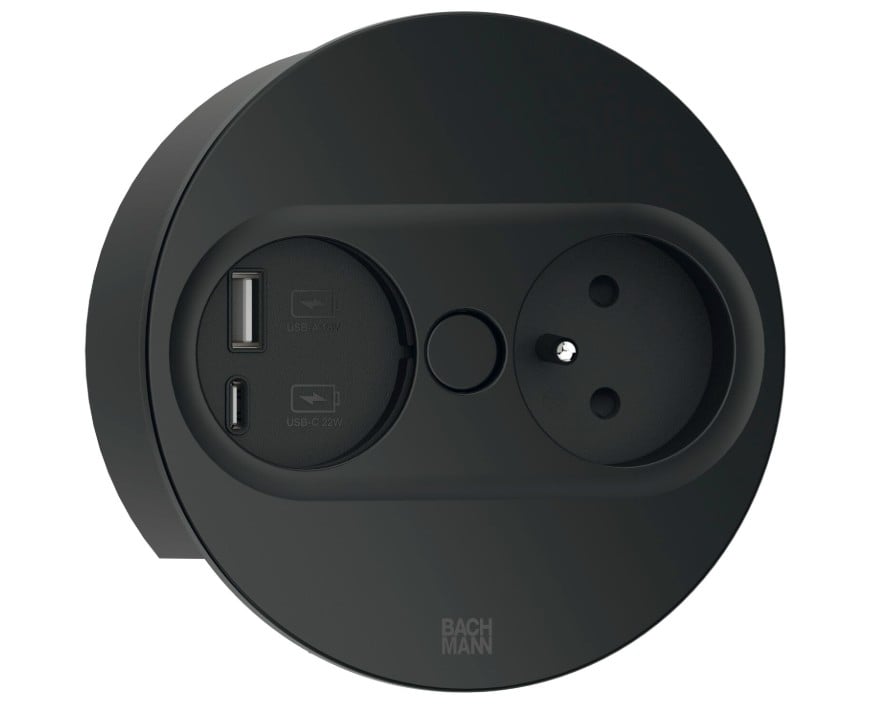 Vestavná zásuvka TWIST 2 kulatá, zásuvka, USB-A/C, černá, SPODNÍ MONTÁŽ NELZE